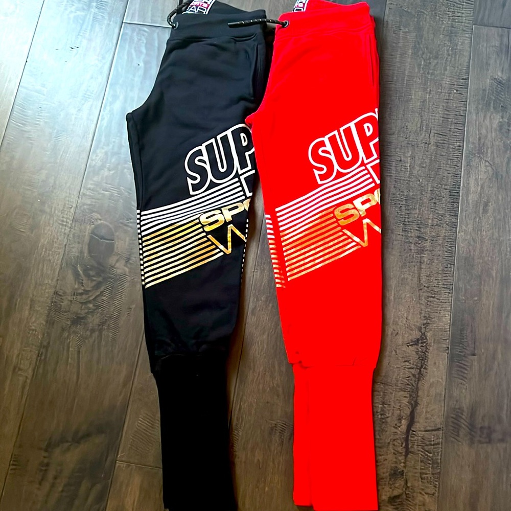 2 Superdry Joggers Red and Black with Gold size U.S. 8